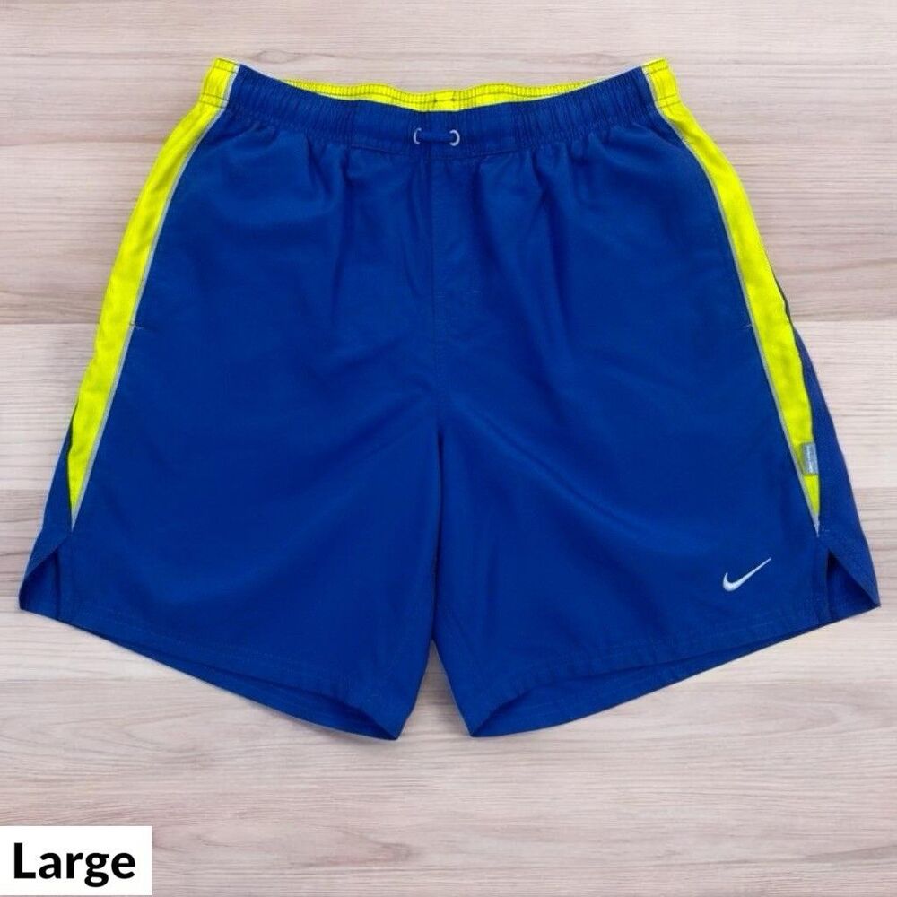 Y2K Nike Swim Trunks Mens LARGE Blue Yellow Colorblock Lined Board Shorts Pocket